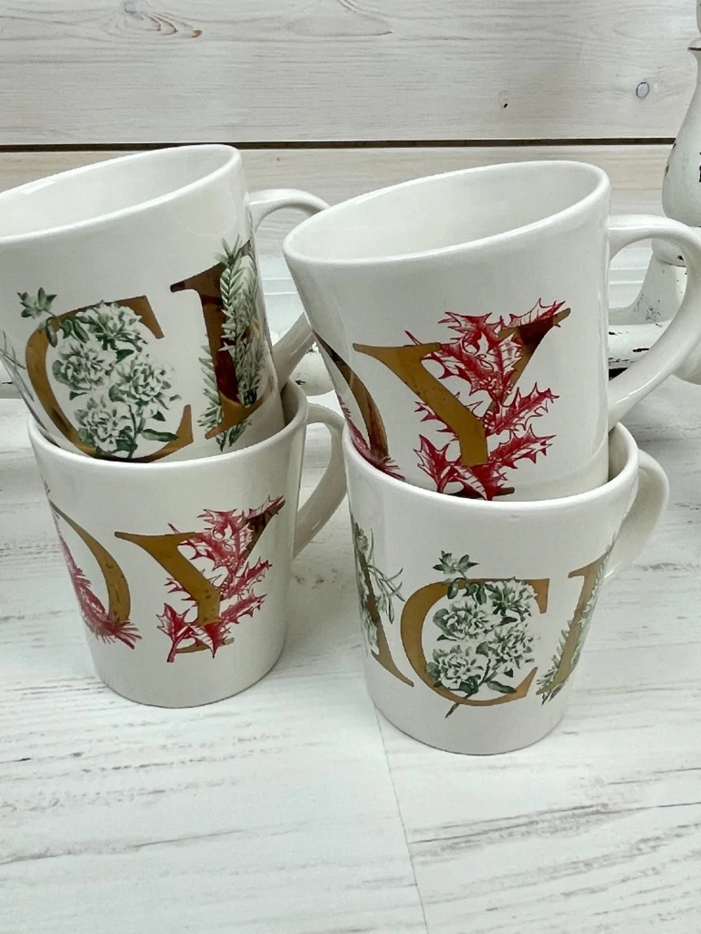 Williams Sonoma Ceramic Floral Christmas Coffee Mugs PEACE and JOY - Set of 4